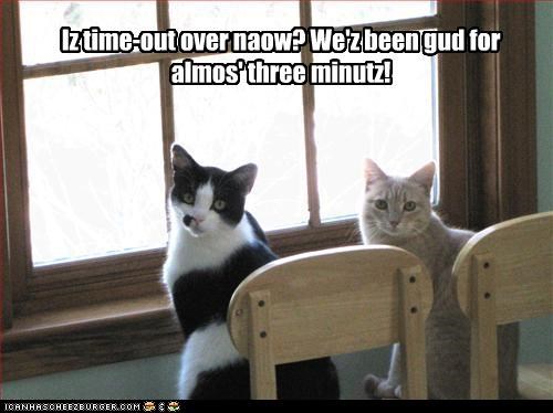 Iz time-out over naow? We'z been gud for almos' three minutz!