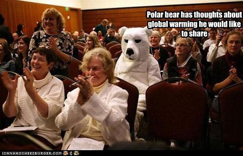 Polar bear has thoughts about global warming he would like to share