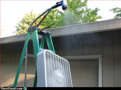 Box fan + hose + ladder + BBQ tongs = refreshing mist!