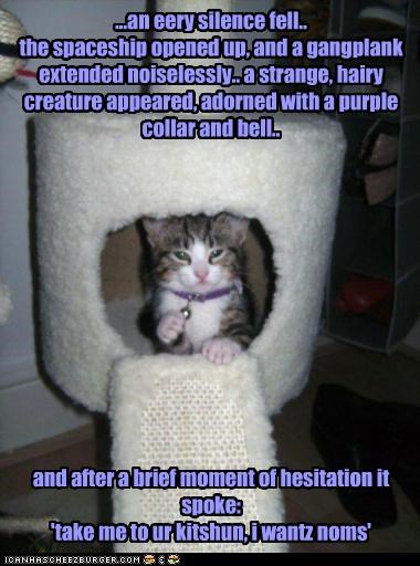 ...an eery silence fell.. the spaceship opened up, and a gangplank extended noiselessly.. a strange, hairy creature appeared, adorned with a purple collar and bell..             and after a brief moment of hesitation it spoke: 'take me to ur kitshun, i wa