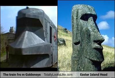 The train fro m Goldeneye Totally Looks Like Easter Island Head