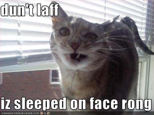dun't laff  iz sleeped on face rong