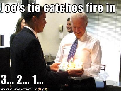 Joe's tie catches fire in  3... 2... 1...
