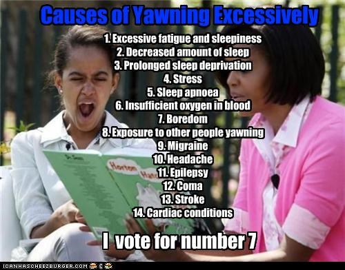 1. Excessive fatigue and sleepiness  2. Decreased amount of sleep  3. Prolonged sleep deprivation  4. Stress  5. Sleep apnoea  6. Insufficient oxygen in blood  7. Boredom  8. Exposure to other people yawning  9. Migraine  10. Headache  11. Epilepsy  12. C