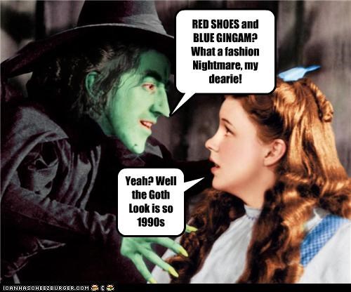RED SHOES and BLUE GINGAM? What a fashion Nightmare, my dearie!