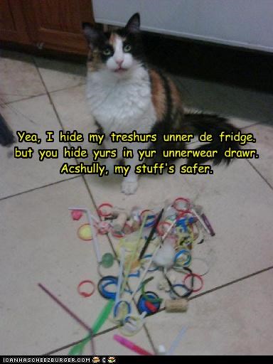 Yea,  I  hide  my  treshurs  unner  de  fridge.  but  you  hide  yurs  in  yur  unnerwear  drawr.  Acshully,  my  stuff's  safer.