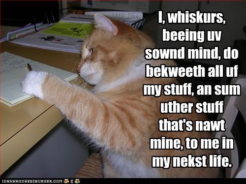 I, whiskurs, beeing uv sownd mind, do bekweeth all uf my stuff, an sum uther stuff that's nawt mine, to me in my nekst life.