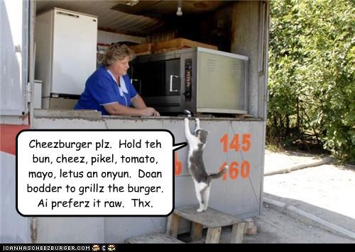 Cheezburger plz.  Hold teh bun, cheez, pikel, tomato, mayo, letus an onyun.  Doan bodder to grillz the burger.  Ai preferz it raw.  Thx.