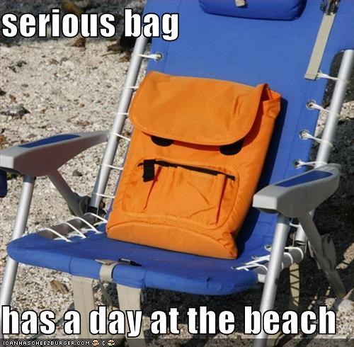 serious bag  has a day at the beach