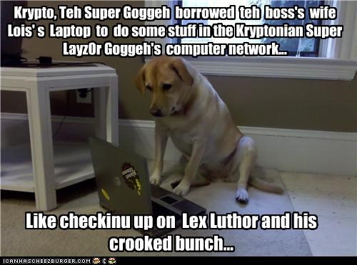 Krypto, Teh Super Goggeh  borrowed  teh  boss's  wife Lois' s  Laptop  to  do some stuff in the Kryptonian Super Layz0r Goggeh's  computer network...  Like checkinu up on  Lex Luthor and his  crooked bunch...