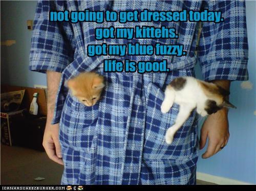 not going to get dressed today. got my kittehs. got my blue fuzzy. life is good.
