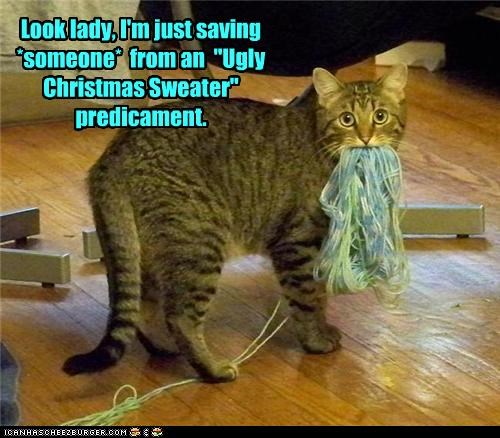 Look lady, I'm just saving  *someone*  from an  "Ugly Christmas Sweater"  predicament.