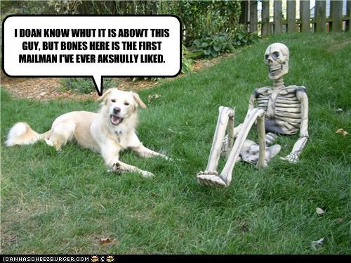 I DOAN KNOW WHUT IT IS ABOWT THIS GUY, BUT BONES HERE IS THE FIRST MAILMAN I'VE EVER AKSHULLY LIKED.