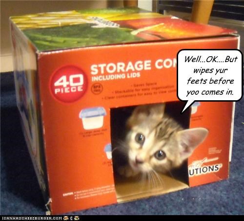 Well...OK....But wipes yur feets before yoo comes in.