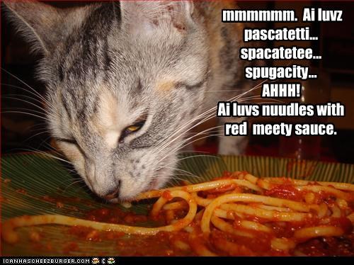 mmmmmm.  Ai luvz  pascatetti... spacatetee... spugacity... AHHH!   Ai luvs nuudles with red  meety sauce.