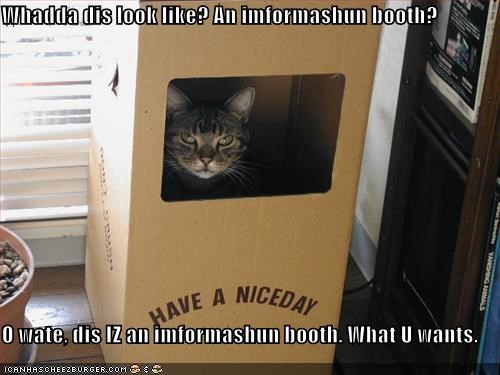 Whadda dis look like? An imformashun booth?  O wate, dis IZ an imformashun booth. What U wants.