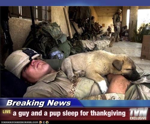 Breaking News - a guy and a pup sleep for thankgiving