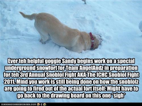Ever teh helpful goggie Sandy begins work on a special underground snowfort for Team AngelAndz in preparation for teh 3rd Annual Snoblol Fight AKA The ICHC Snoblol Fight 2011. Mind you work is still being done on how the snoblolz are going to fired out of