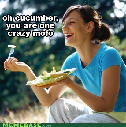 Captioned Woman Laughing Alone With Salad!