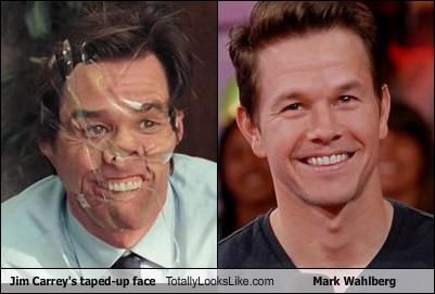 Jim Carrey's taped-up face Totally Looks Like Mark Wahlberg