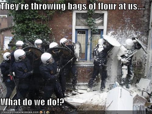 They're throwing bags of flour at us....  What do we do!?