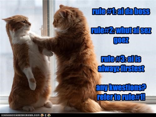 rule #1: ai da boss  rule#2: whut ai sez goez  rule #3: ai is alwayz firstest  any kwestions? refer to rule#1!
