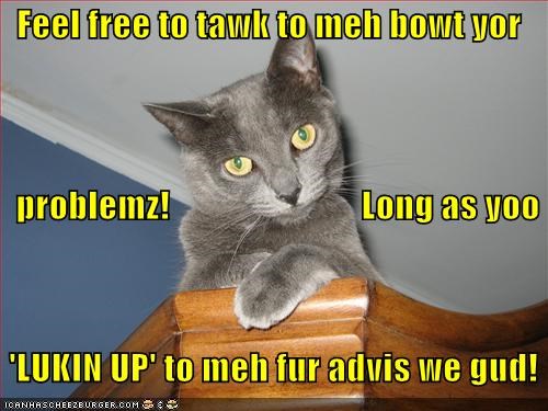 Feel free to tawk to meh bowt yor    problemz!                           Long as yoo   'LUKIN UP' to meh fur advis we gud!