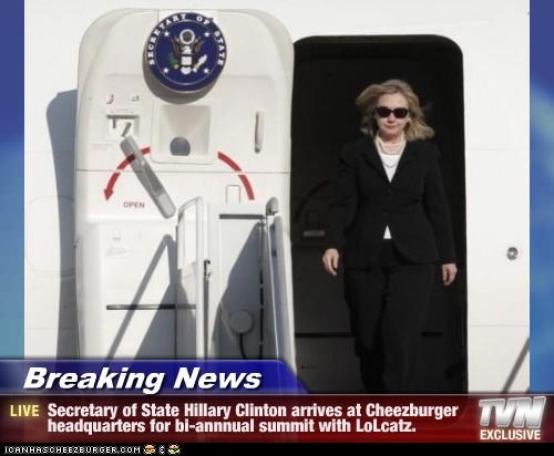 Breaking News - Secretary of State Hillary Clinton arrives at Cheezburger headquarters for bi-annnual summit with LoLcatz.