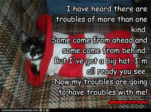 I have heard there are troubles of more than one kind.  Some come from ahead and some come from behind.  But I've got a big hat. I'm all ready you see.  Now my troubles are going to have troubles with me!