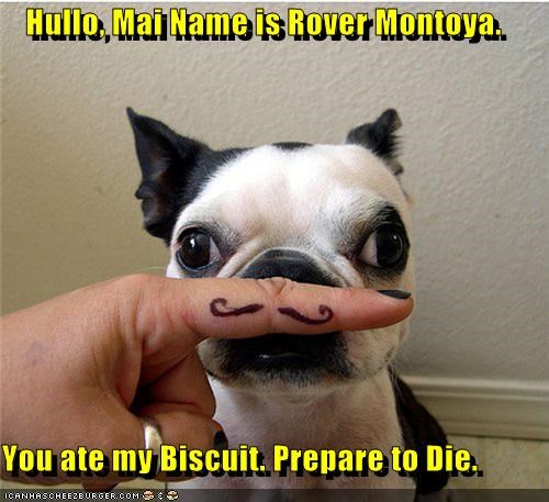 Hullo, Mai Name is Rover Montoya.   You ate my Biscuit. Prepare to Die.