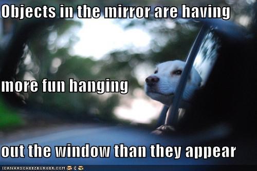 Objects in the mirror are having more fun hanging out the window than they appear