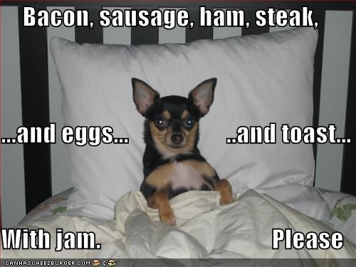 Bacon, sausage, ham, steak, ...and eggs...                    ..and toast... With jam.                                   Please