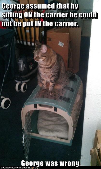 George assumed that by sitting ON the carrier he could not be put IN the carrier.  George was wrong.