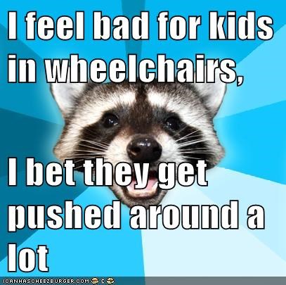 I feel bad for kids in wheelchairs,  I bet they get pushed around a lot