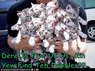 Dere Is Five Uf Us, Kin Yew Find Teh Dubbles??