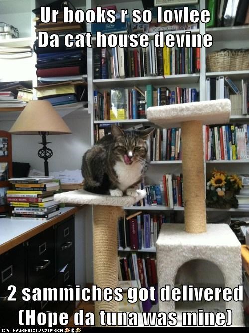 Ur books r so lovlee                            Da cat house devine  2 sammiches got delivered (Hope da tuna was mine)