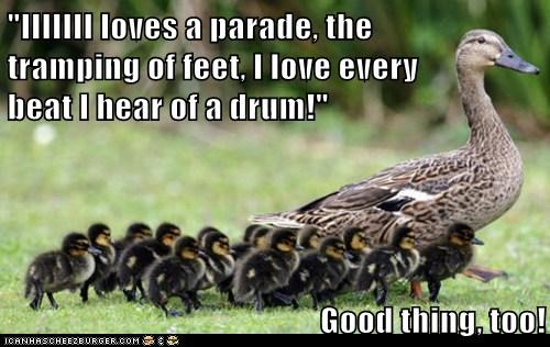 "IIIIIII loves a parade, the                                       tramping of feet, I love every                                    beat I hear of a drum!"  Good thing, too!