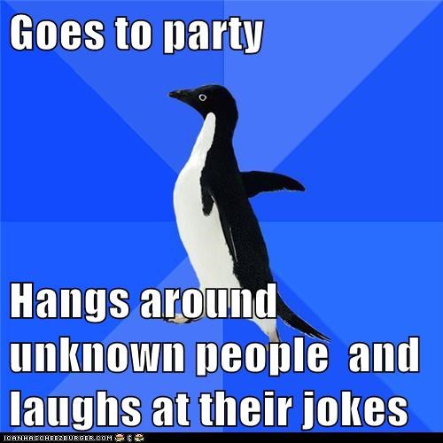 Goes to party  Hangs around unknown people  and laughs at their jokes