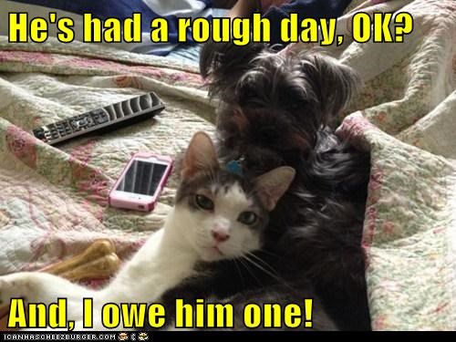 He's had a rough day, OK?  And, I owe him one!