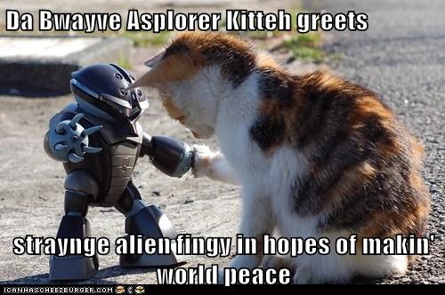 Da Bwayve Asplorer Kitteh greets  straynge alien fingy in hopes of makin' world peace