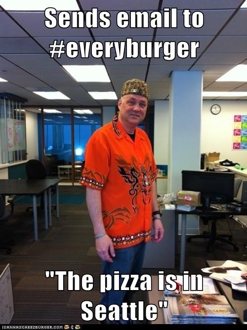 Sends email to #everyburger  "The pizza is in Seattle"