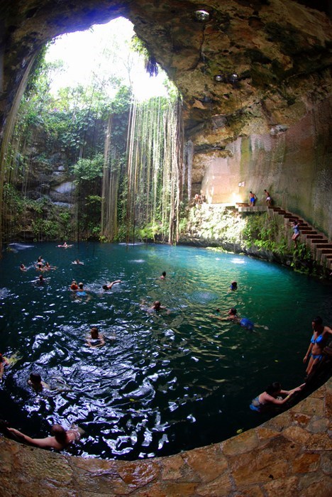 A Quick Dip in the Sagrado Cenote Azul, Chichen Itza, Mexico