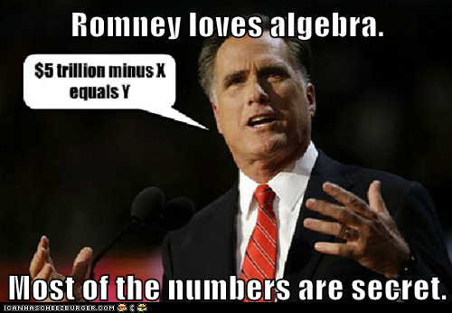 Romney loves algebra.  Most of the numbers are secret.