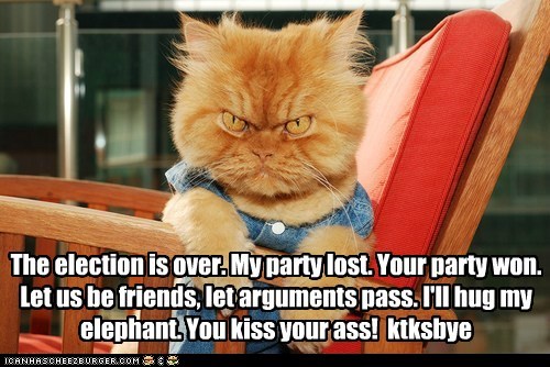 The election is over. My party lost. Your party won. Let us be friends, let arguments pass. I'll hug my elephant. You kiss your ass!  ktksbye