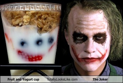 Fruit and Yogurt Cup Totally Looks Like Heath Ledger as The Joker
