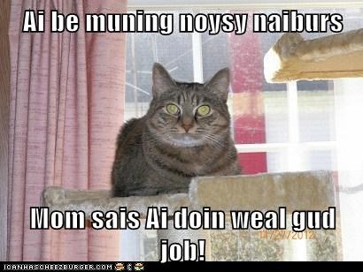 Ai be muning noysy naiburs  Mom sais Ai doin weal gud job!