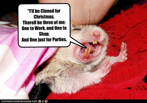 "I'll be Cloned for Christmas, Therell be three of me; One to Work, and One to Shop, And One just for Parties.