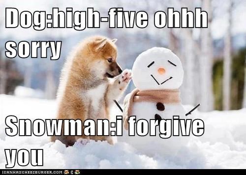 Dog:high-five ohhh sorry  Snowman:i forgive you