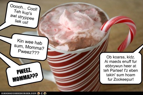 KKPS Winter SPLORTZ Afetr Partee 2013: Cuddles invites everyone to join her and the cubs in a cup (or five, who can stop at one?) of her famous "Tiger Stripe" Hot Cocoa with homemade peppermint whippy cream. Bottumz Up!!