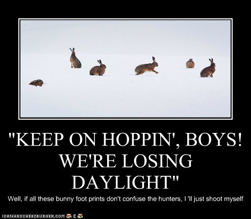 "KEEP ON HOPPIN', BOYS! WE'RE LOSING DAYLIGHT"